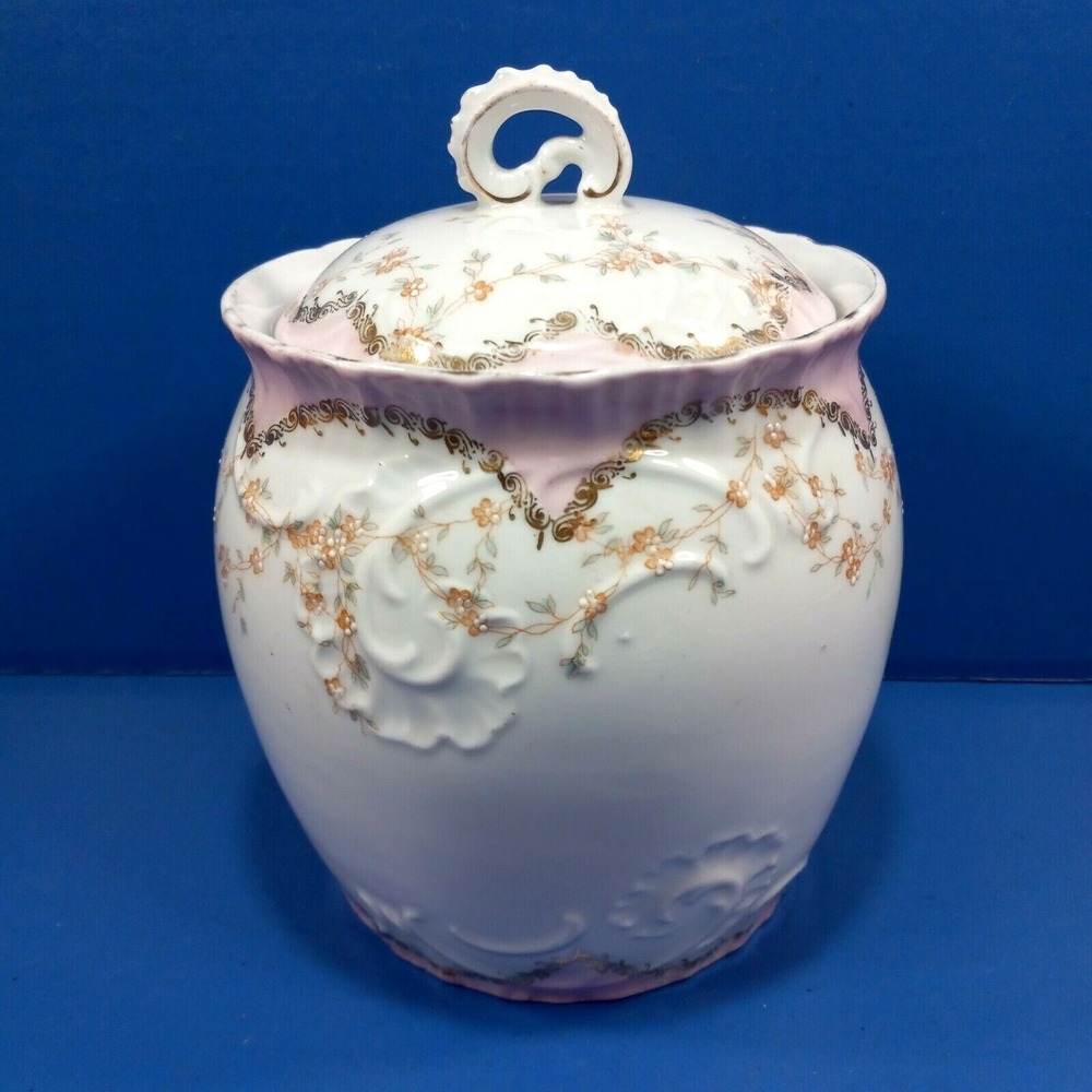 Biscuit Cookie Jar Carlsbad China Marx and Gutherz Austria Floral Moriage 5.25"